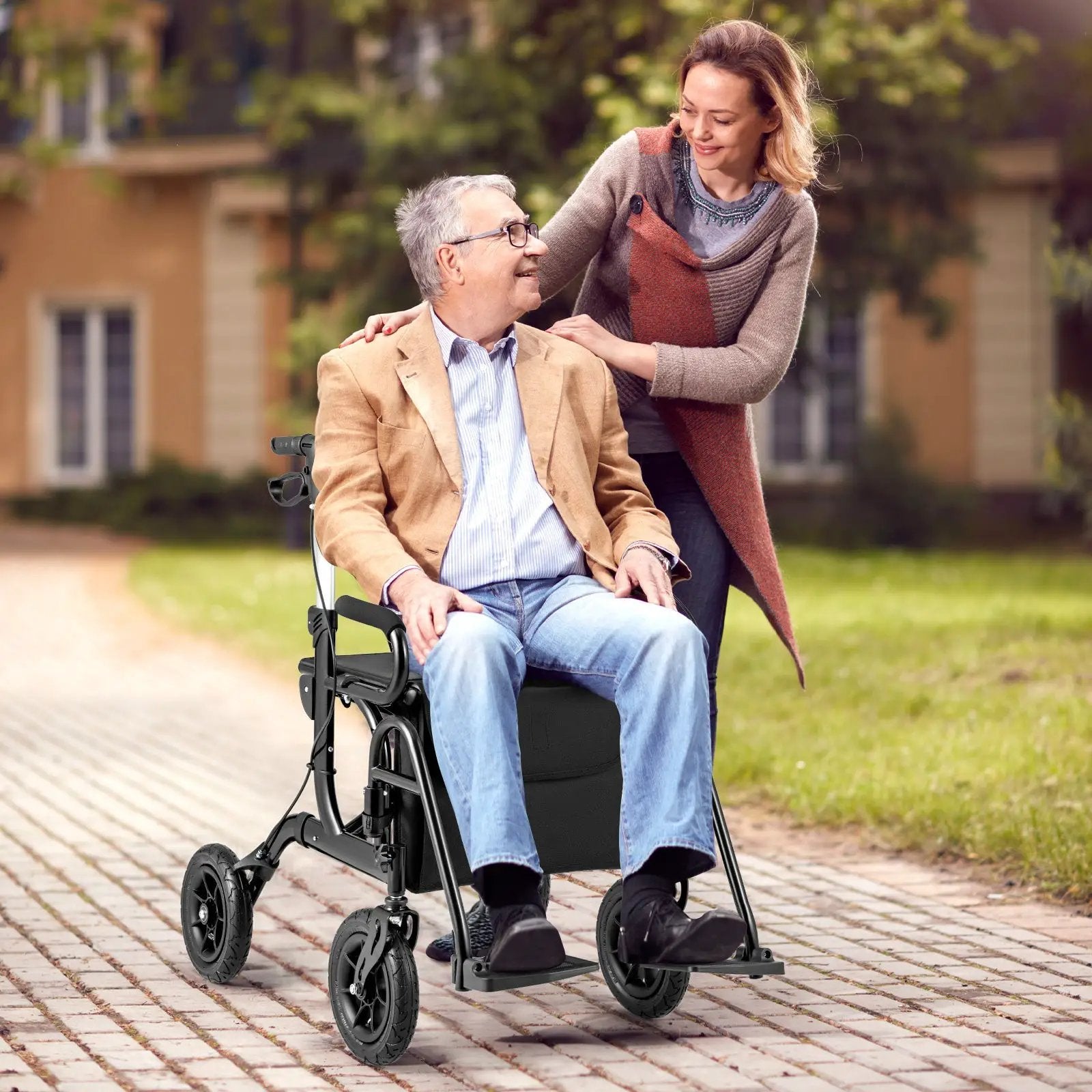 2-in-1 Foldable Rollator Walker with Seat abd 9 Inch Pneumatic Tires for Seniors by DirectDeals