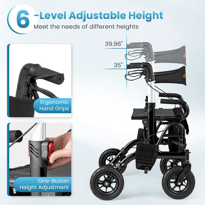 2-in-1 Foldable Rollator Walker with Seat abd 9 Inch Pneumatic Tires for Seniors by DirectDeals