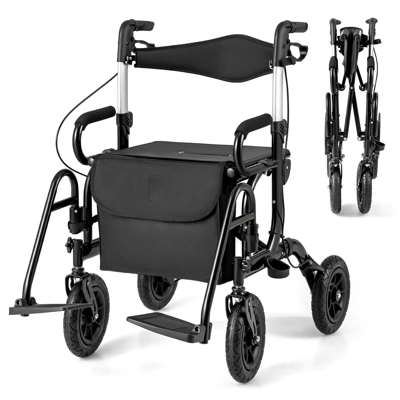 2-in-1 Foldable Rollator Walker with Seat abd 9 Inch Pneumatic Tires for Seniors by DirectDeals