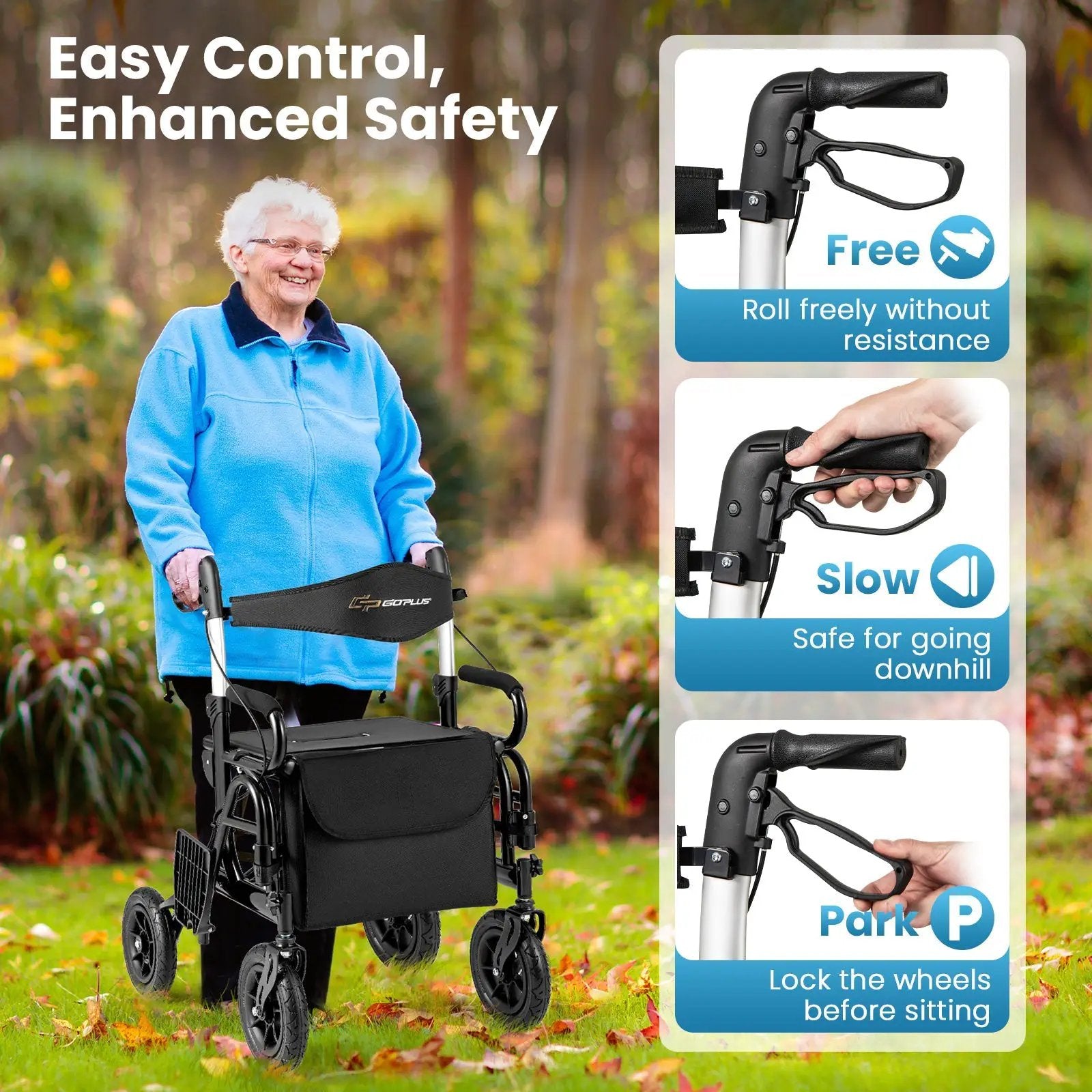 2-in-1 Foldable Rollator Walker with Seat abd 9 Inch Pneumatic Tires for Seniors by DirectDeals