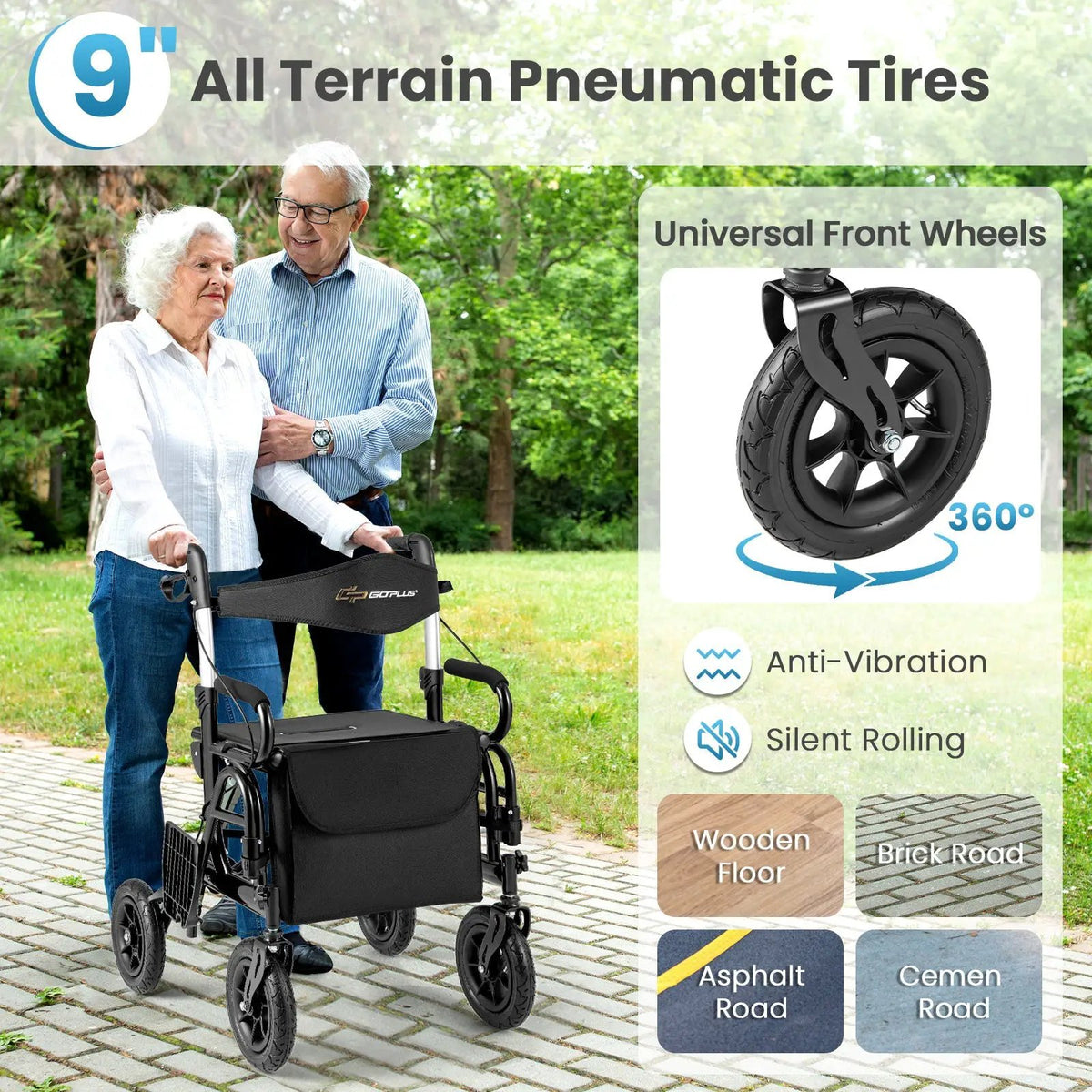2-in-1 Foldable Rollator Walker with Seat abd 9 Inch Pneumatic Tires for Seniors by DirectDeals