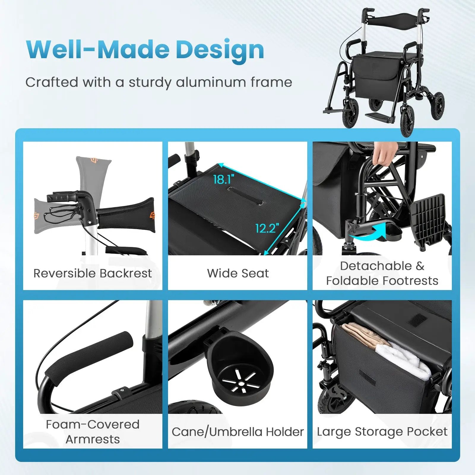 2-in-1 Foldable Rollator Walker with Seat abd 9 Inch Pneumatic Tires for Seniors by DirectDeals