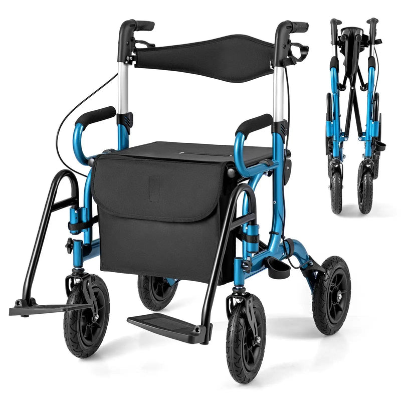 2-in-1 Foldable Rollator Walker with Seat abd 9 Inch Pneumatic Tires for Seniors by DirectDeals