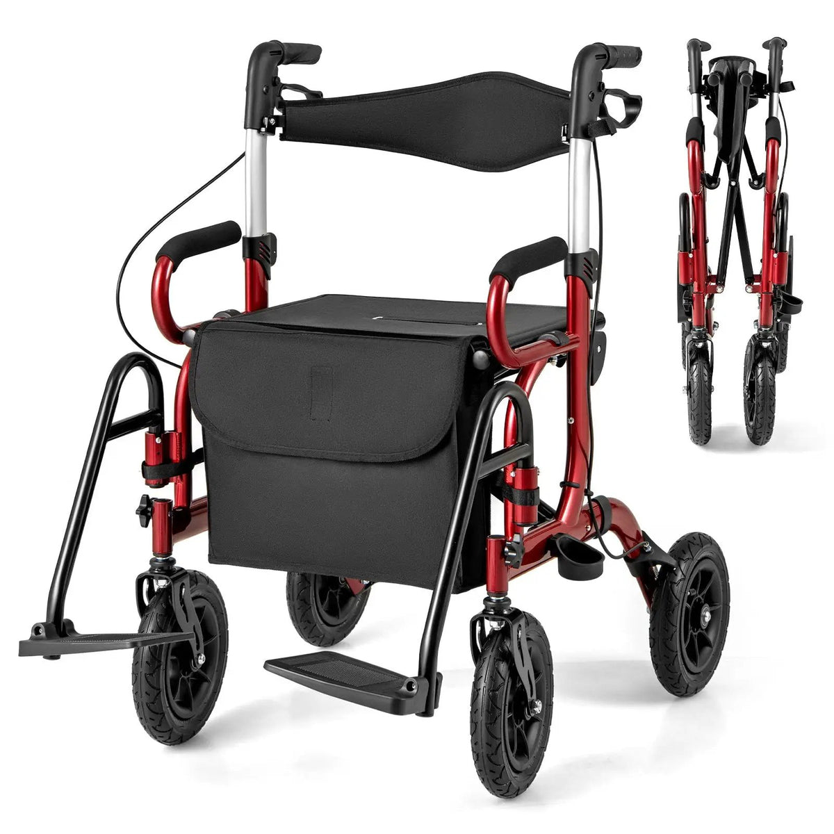 2-in-1 Foldable Rollator Walker with Seat abd 9 Inch Pneumatic Tires for Seniors by DirectDeals