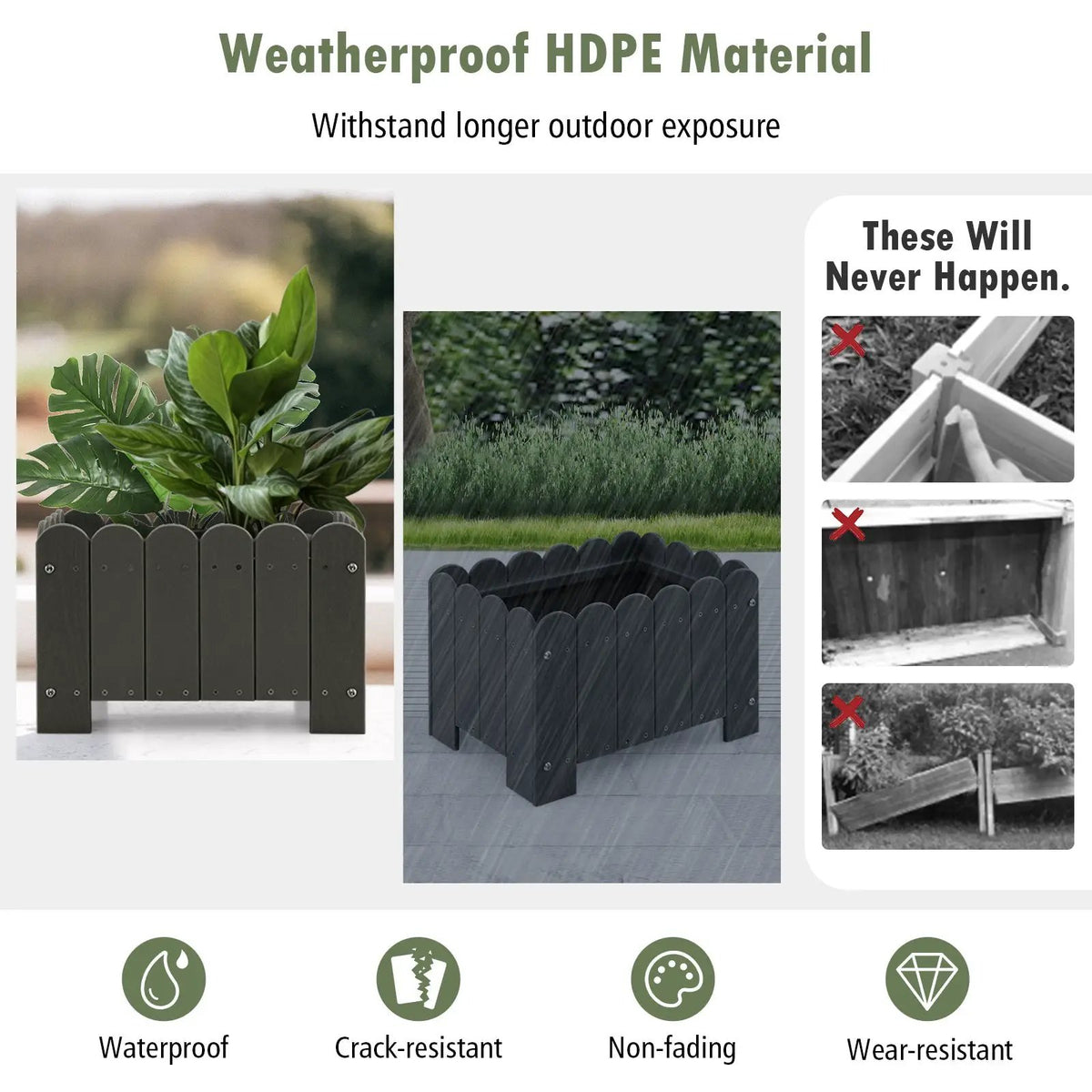 2 Pack Rectangular Planter Box with Drainage Gaps for Front Porch Garden Balcony by DirectDeals