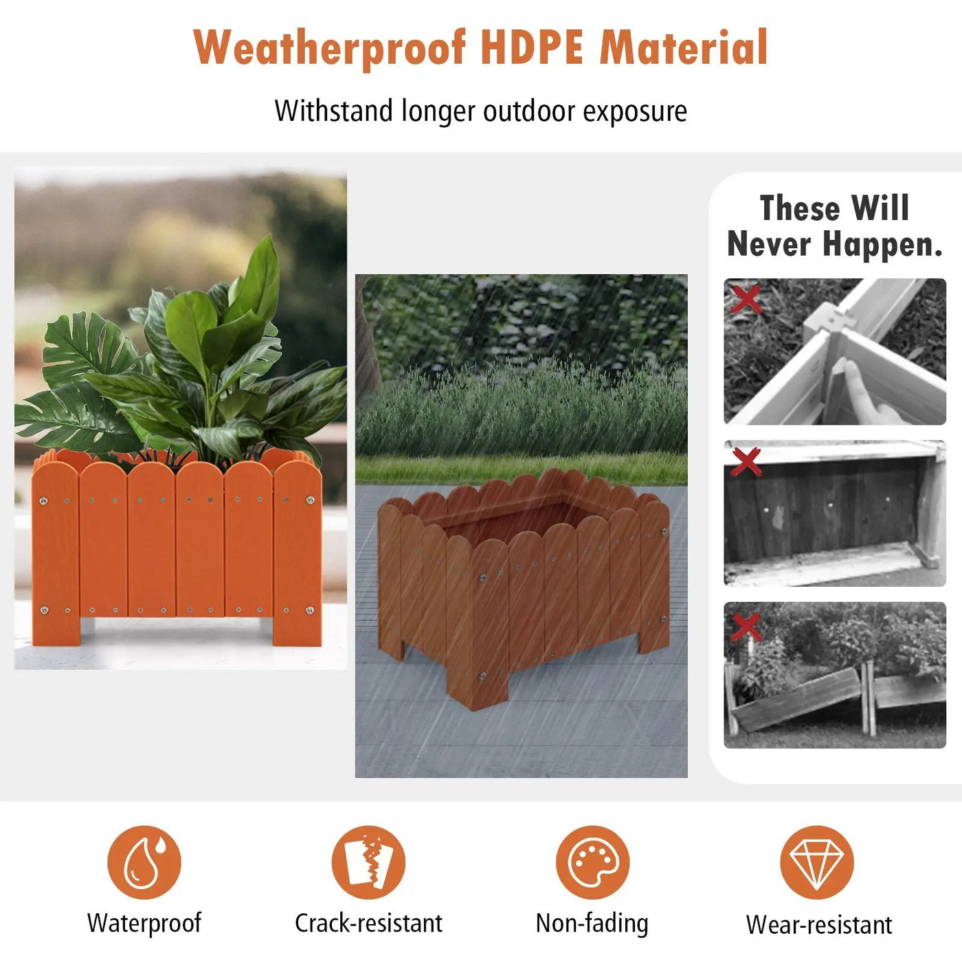 2 Pack Rectangular Planter Box with Drainage Gaps for Front Porch Garden Balcony by DirectDeals