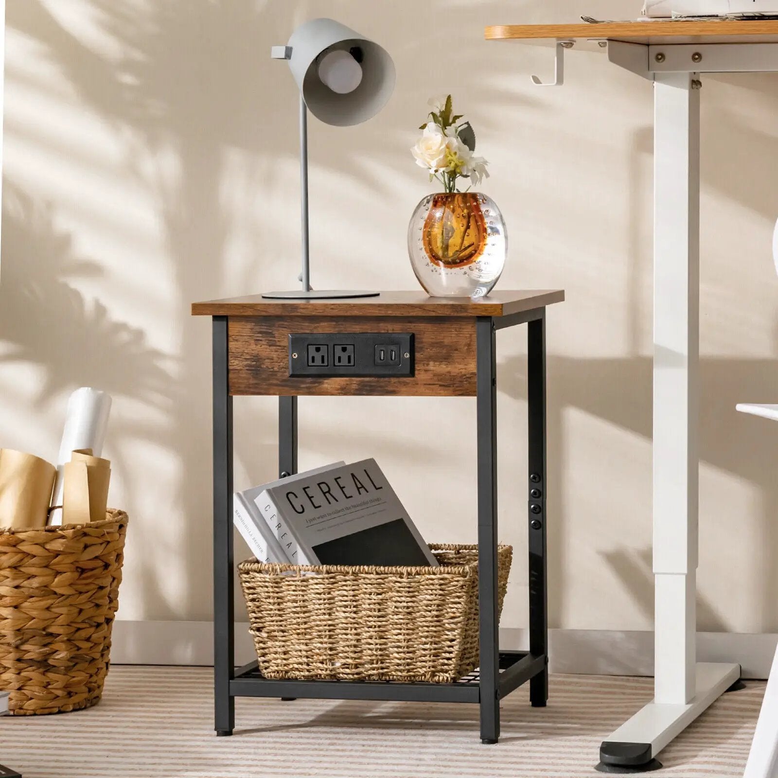 2 Pieces Bedside Nightstand Set with Open Shelf and Charging Station-Rustic Brown by DirectDeals