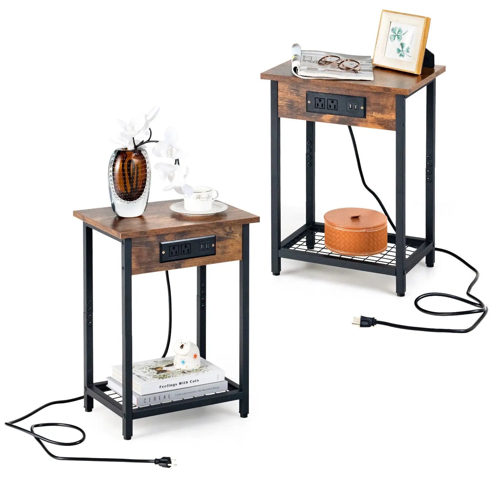 2 Pieces Bedside Nightstand Set with Open Shelf and Charging Station-Rustic Brown by DirectDeals