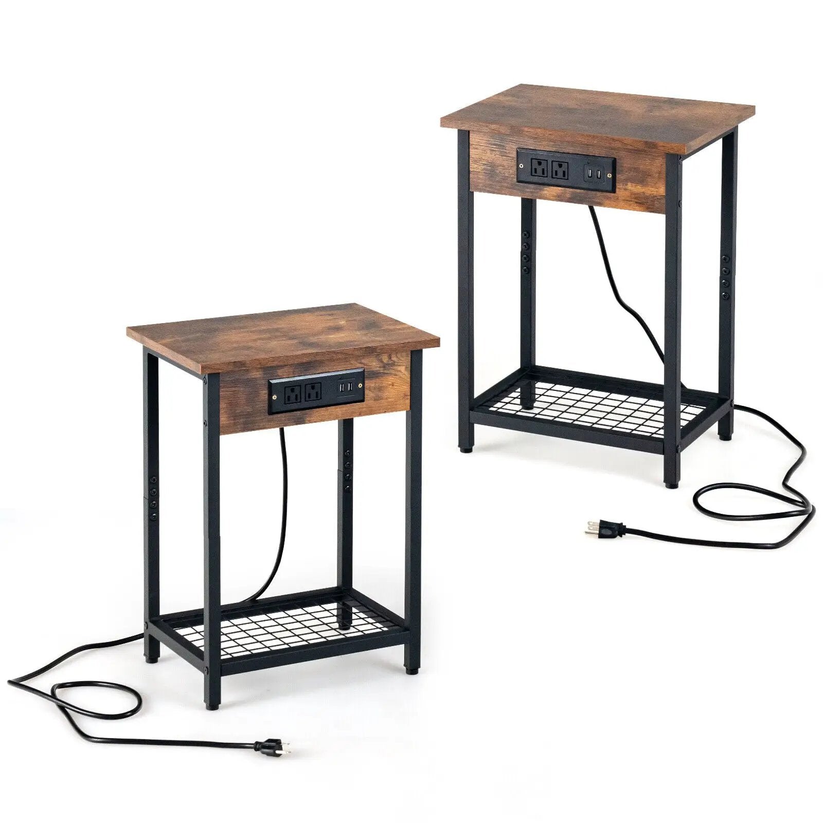 2 Pieces Bedside Nightstand Set with Open Shelf and Charging Station-Rustic Brown by DirectDeals