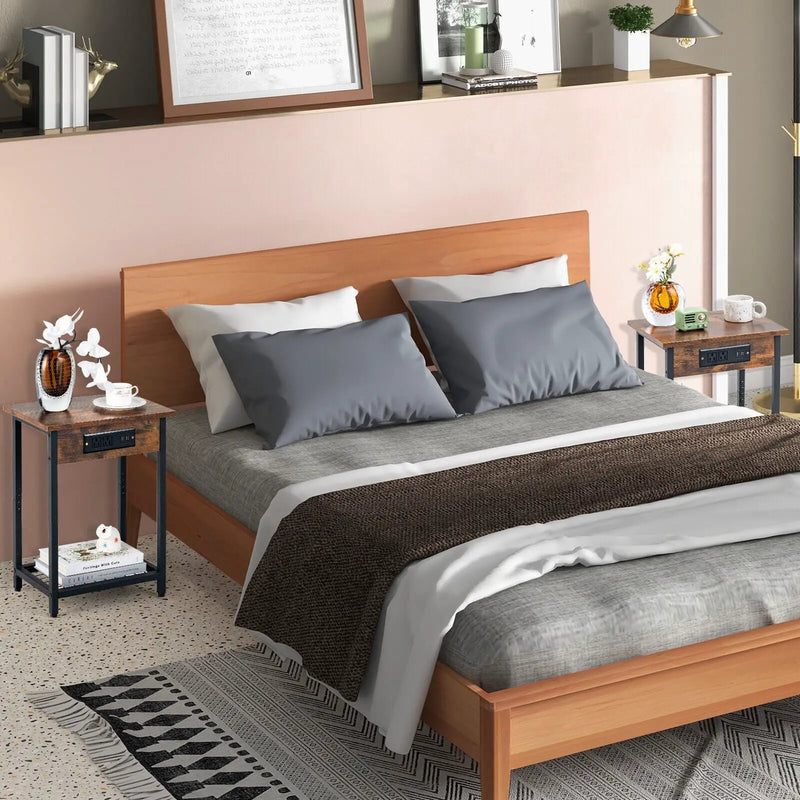 2 Pieces Bedside Nightstand Set with Open Shelf and Charging Station-Rustic Brown by DirectDeals