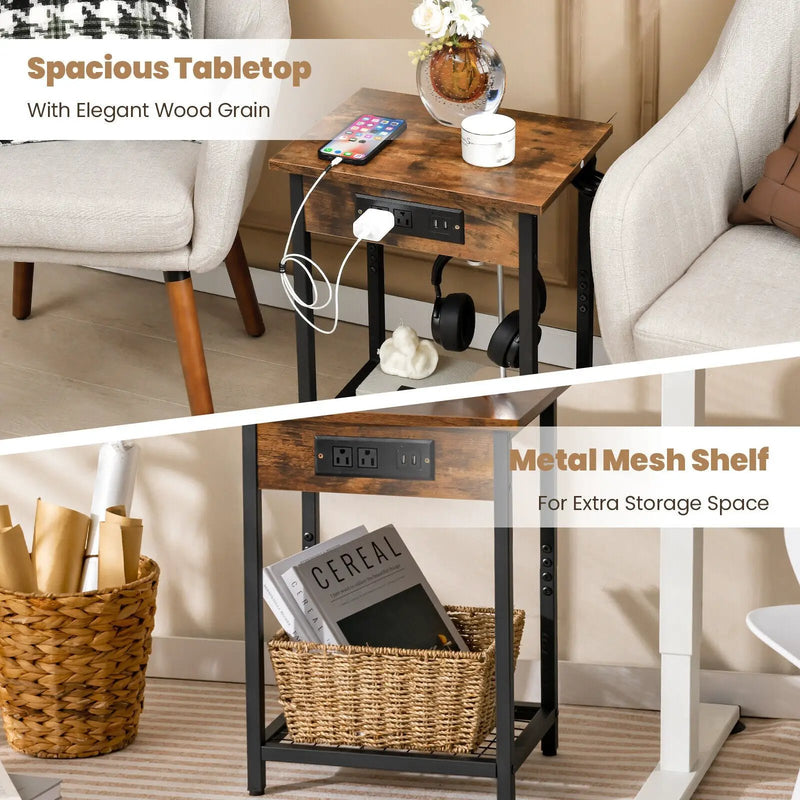 2 Pieces Bedside Nightstand Set with Open Shelf and Charging Station-Rustic Brown by DirectDeals