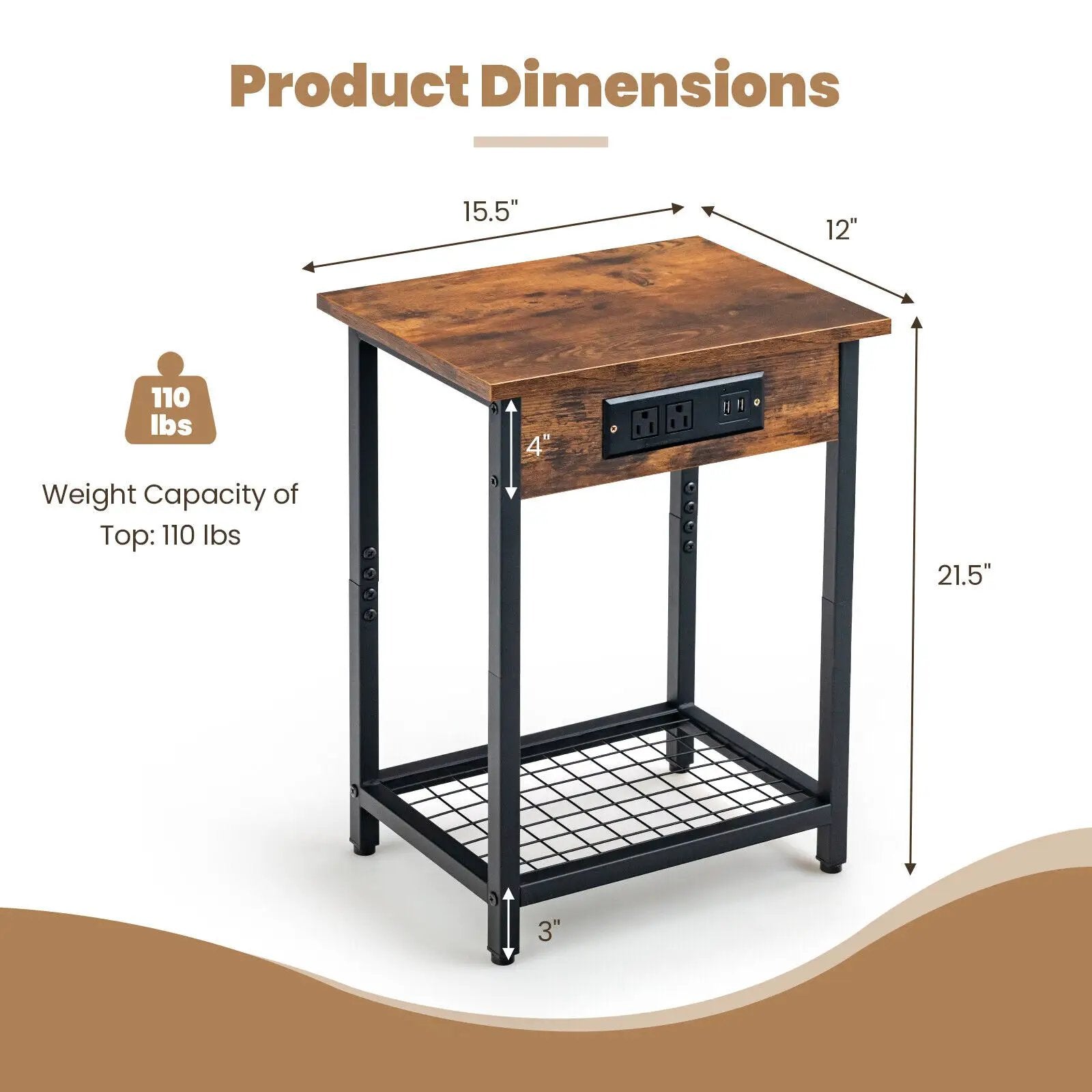 2 Pieces Bedside Nightstand Set with Open Shelf and Charging Station-Rustic Brown by DirectDeals