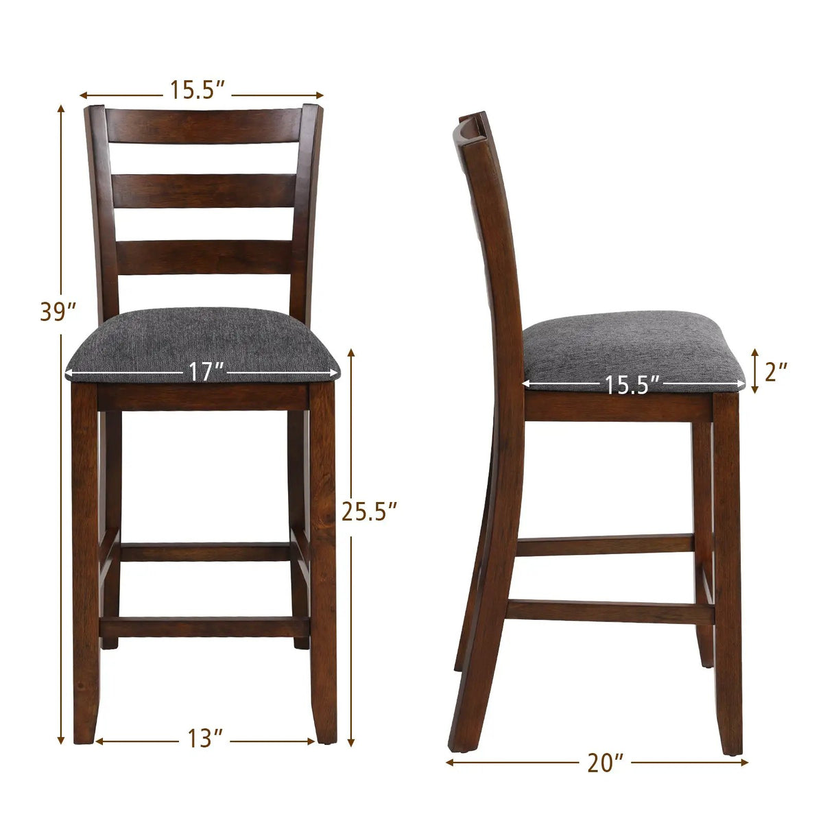 2 Pieces Counter Height Chairs with Fabric Seat and Rubber Wood Legs by DirectDeals