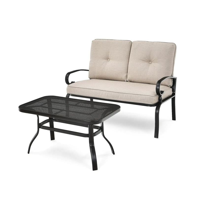 2 Pieces Patio Loveseat Bench Table Furniture Set with Cushioned Chair-Blue by DirectDeals