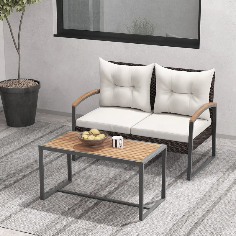 2 Pieces Patio PE Wicker Furniture Set with Acacia Wood Coffee Table-White by DirectDeals