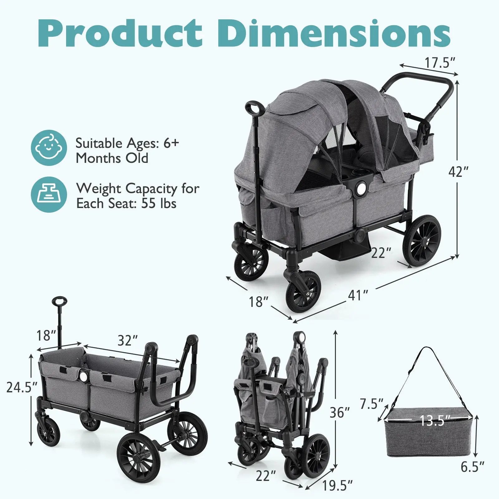 2 Seater Push Pull Collapsible Kids Wagon Stroller with Adjustable Handlebars by DirectDeals