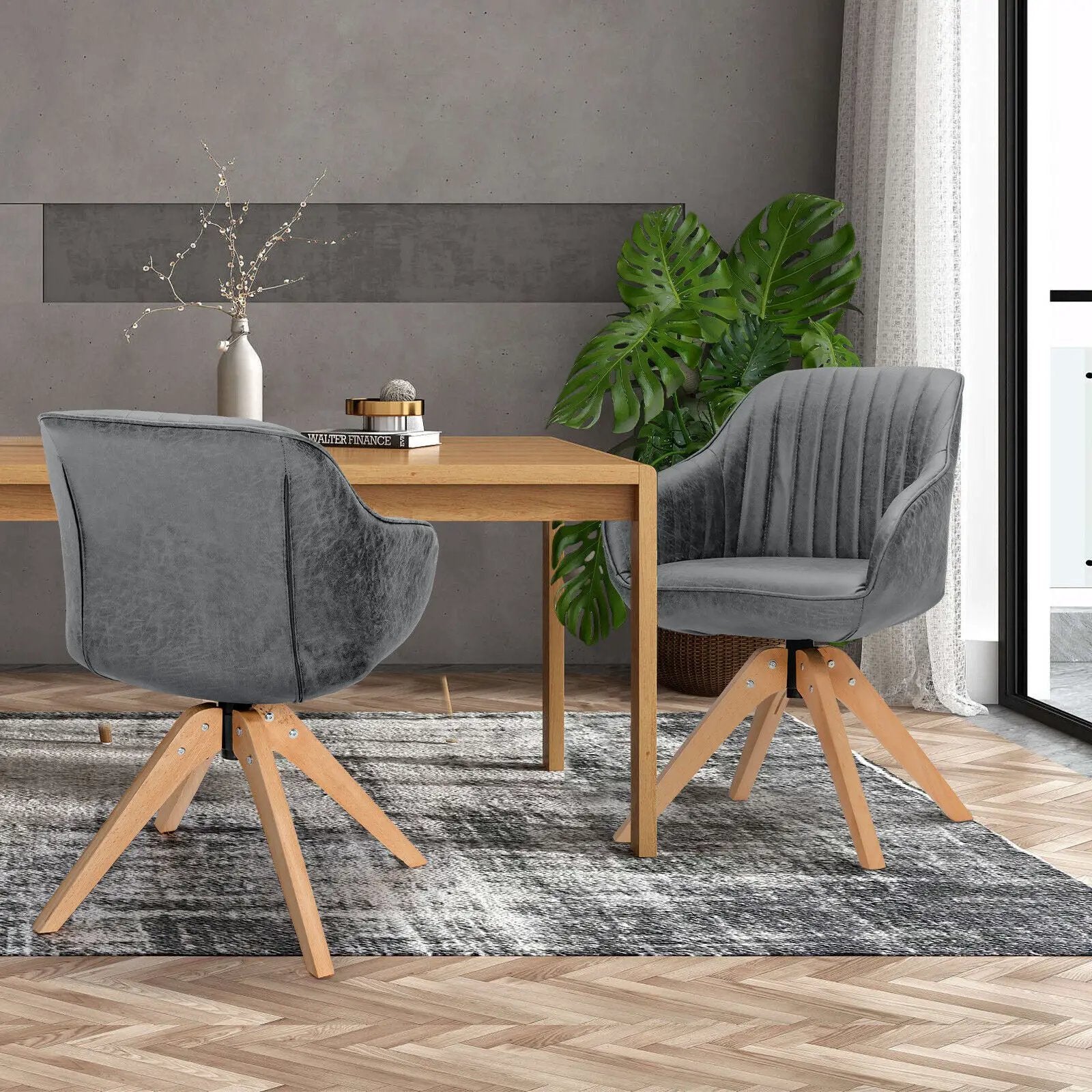 Modern Leathaire Set of 2 Swivel Accent Chair with Beech Wood Legs by DirectDeals
