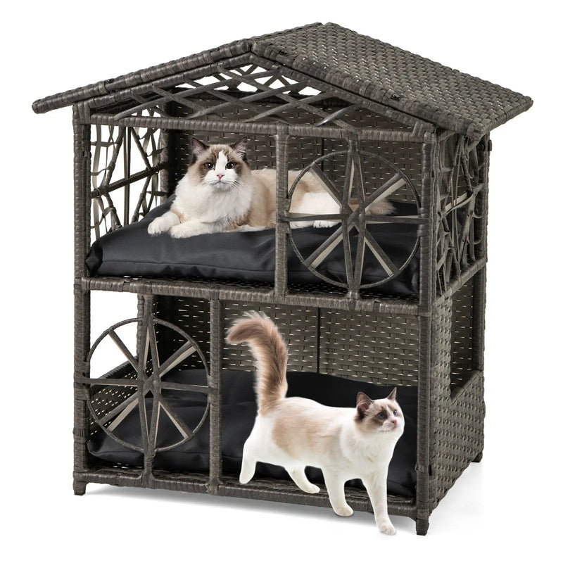 2-storey Wicker Cat House Rattan Kitten Condo Enclosure with Removable Cushions-Gray by DirectDeals