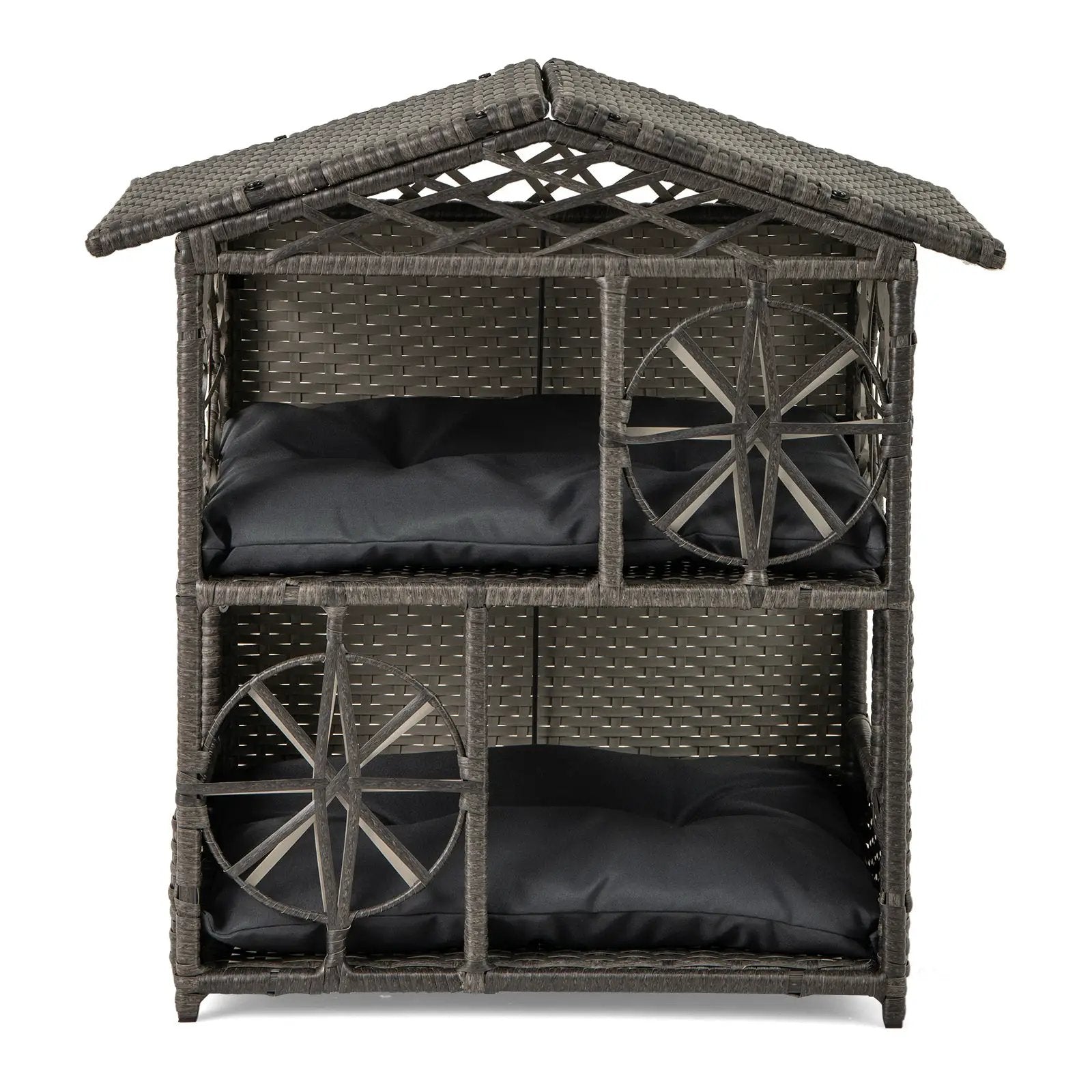 2-storey Wicker Cat House Rattan Kitten Condo Enclosure with Removable Cushions-Gray by DirectDeals