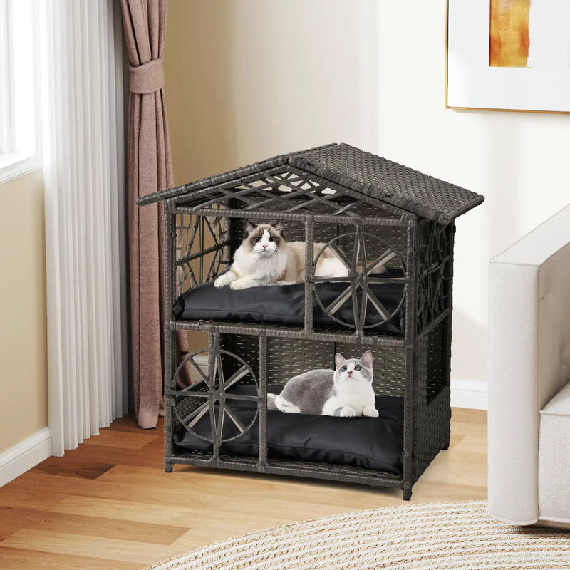 2-storey Wicker Cat House Rattan Kitten Condo Enclosure with Removable Cushions-Gray by DirectDeals