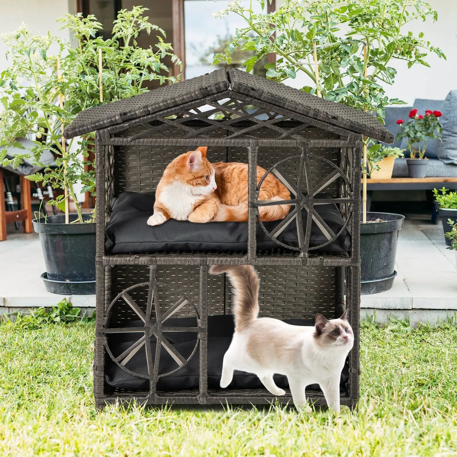 2-storey Wicker Cat House Rattan Kitten Condo Enclosure with Removable Cushions-Gray by DirectDeals