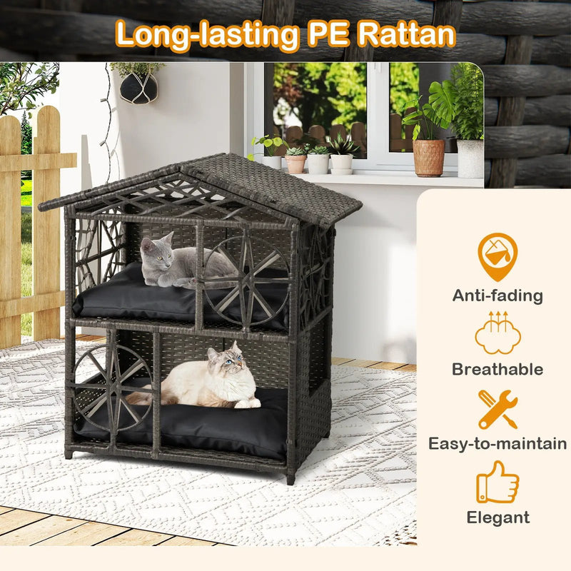 2-storey Wicker Cat House Rattan Kitten Condo Enclosure with Removable Cushions-Gray by DirectDeals