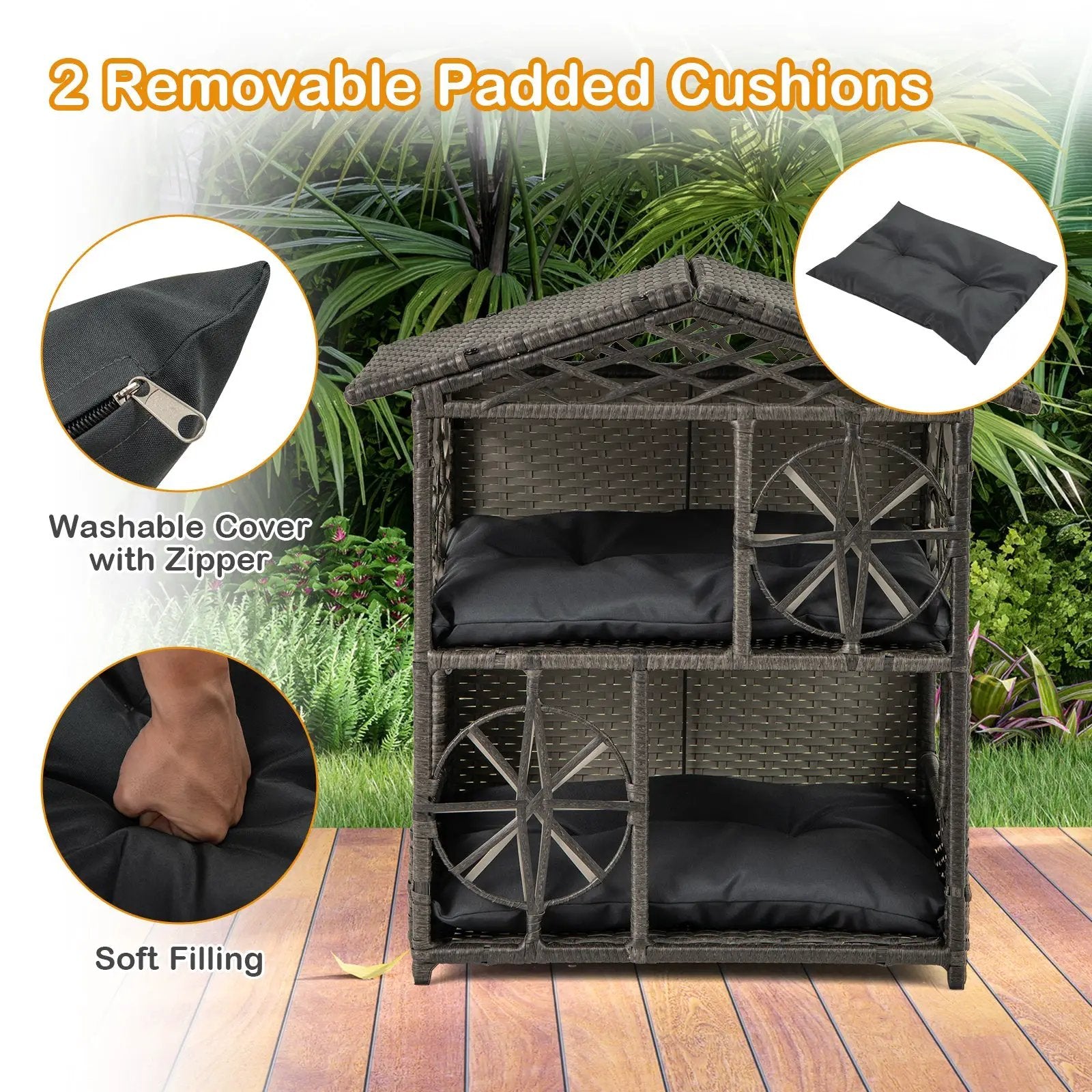 2-storey Wicker Cat House Rattan Kitten Condo Enclosure with Removable Cushions-Gray by DirectDeals
