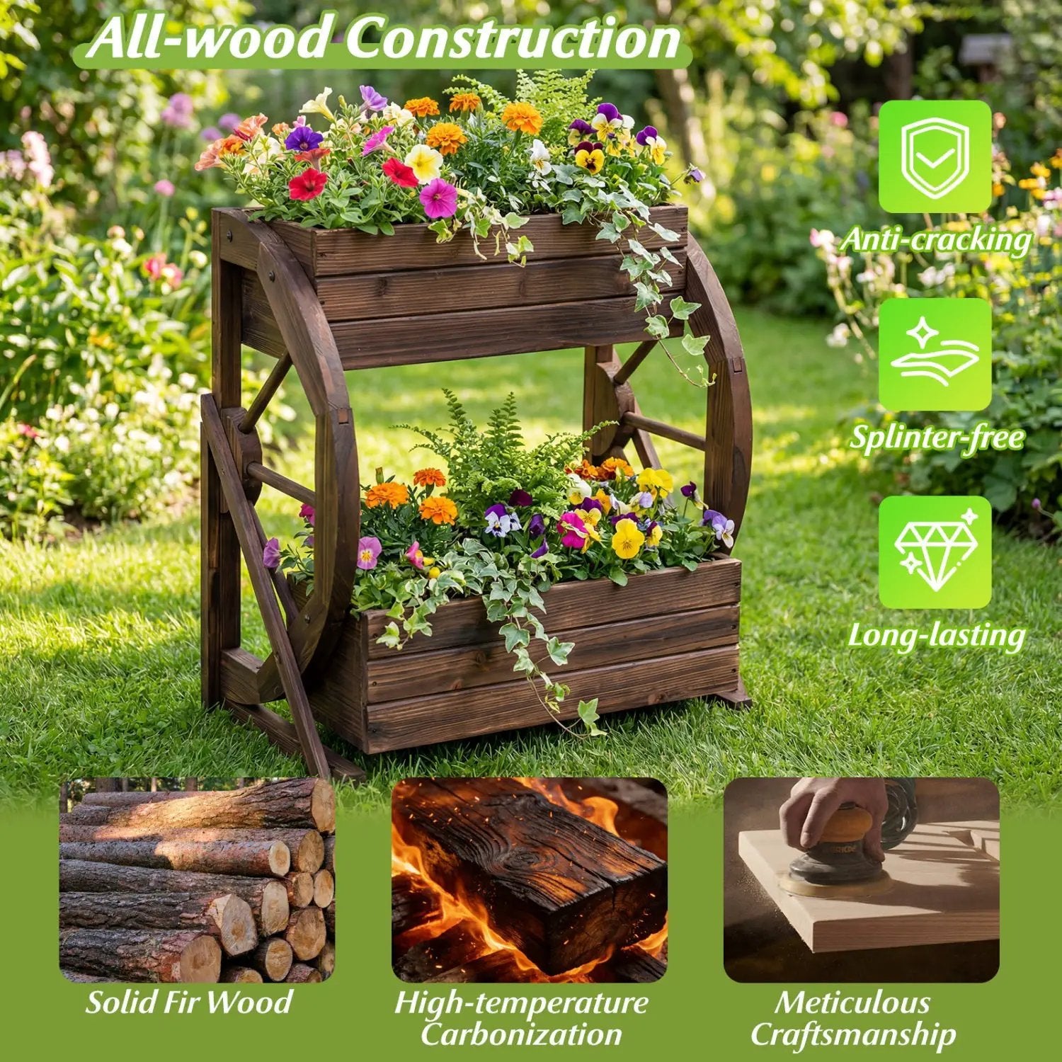 2-tier Raised Garden Bed Rustic Wood Wagon Planter with Drainage Holes and Semi-wheels-Coffee by DirectDeals