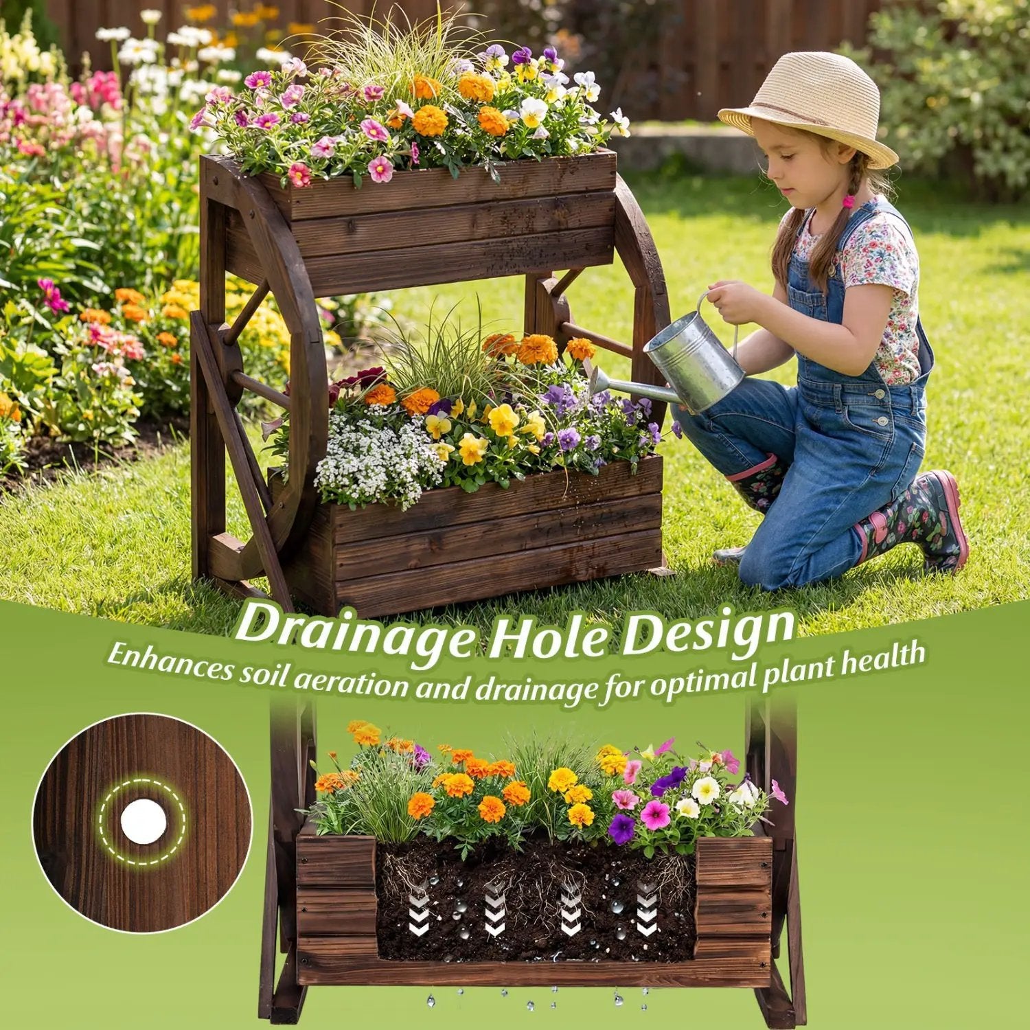 2-tier Raised Garden Bed Rustic Wood Wagon Planter with Drainage Holes and Semi-wheels-Coffee by DirectDeals