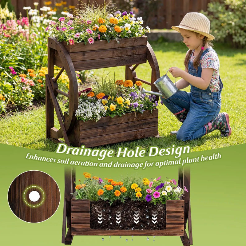 2-tier Raised Garden Bed Rustic Wood Wagon Planter with Drainage Holes and Semi-wheels-Coffee by DirectDeals