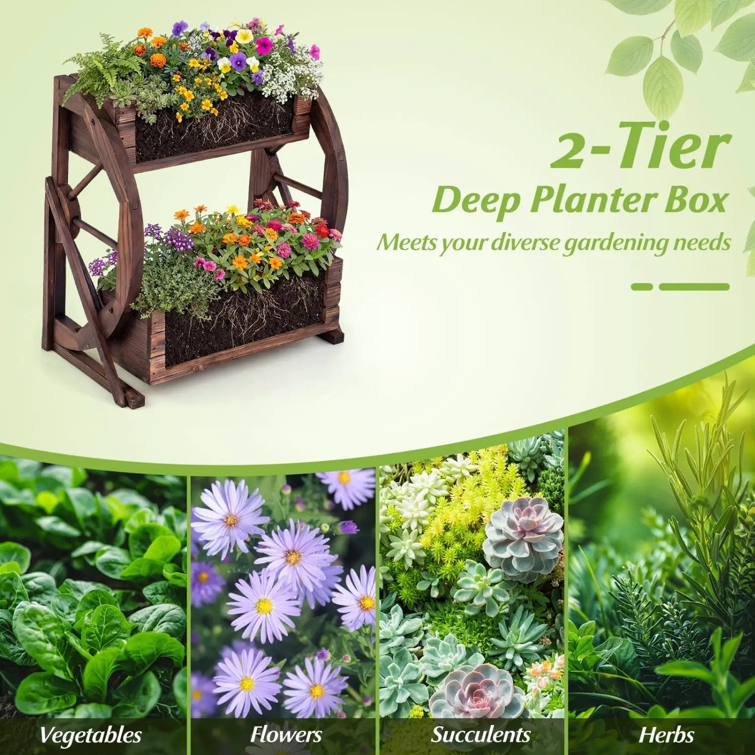 2-tier Raised Garden Bed Rustic Wood Wagon Planter with Drainage Holes and Semi-wheels-Coffee by DirectDeals