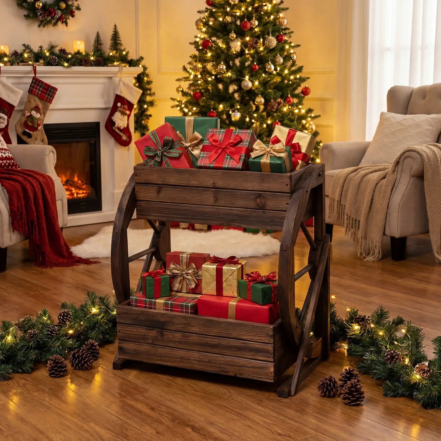 2-tier Raised Garden Bed Rustic Wood Wagon Planter with Drainage Holes and Semi-wheels-Coffee by DirectDeals