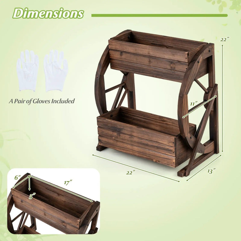2-tier Raised Garden Bed Rustic Wood Wagon Planter with Drainage Holes and Semi-wheels-Coffee by DirectDeals