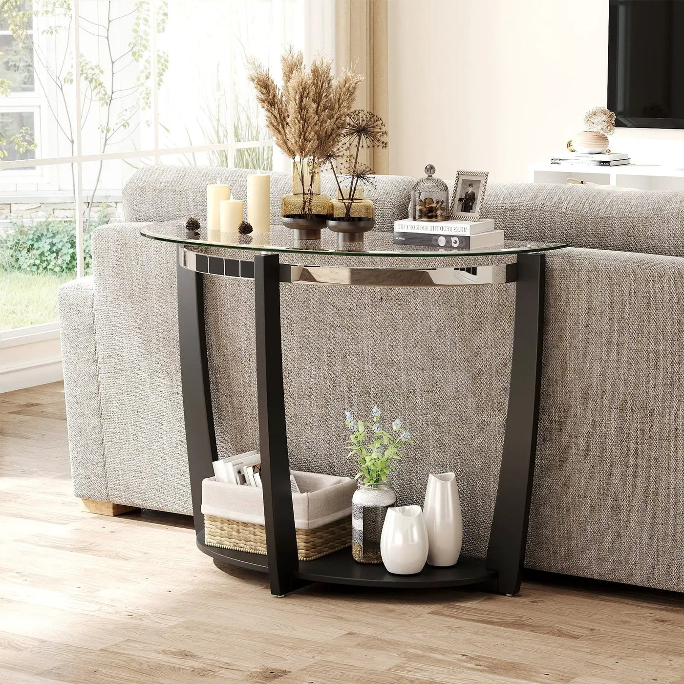 2-tier Tempered Glass Console Table with Clear Glass Top and Open Shelf by DirectDeals