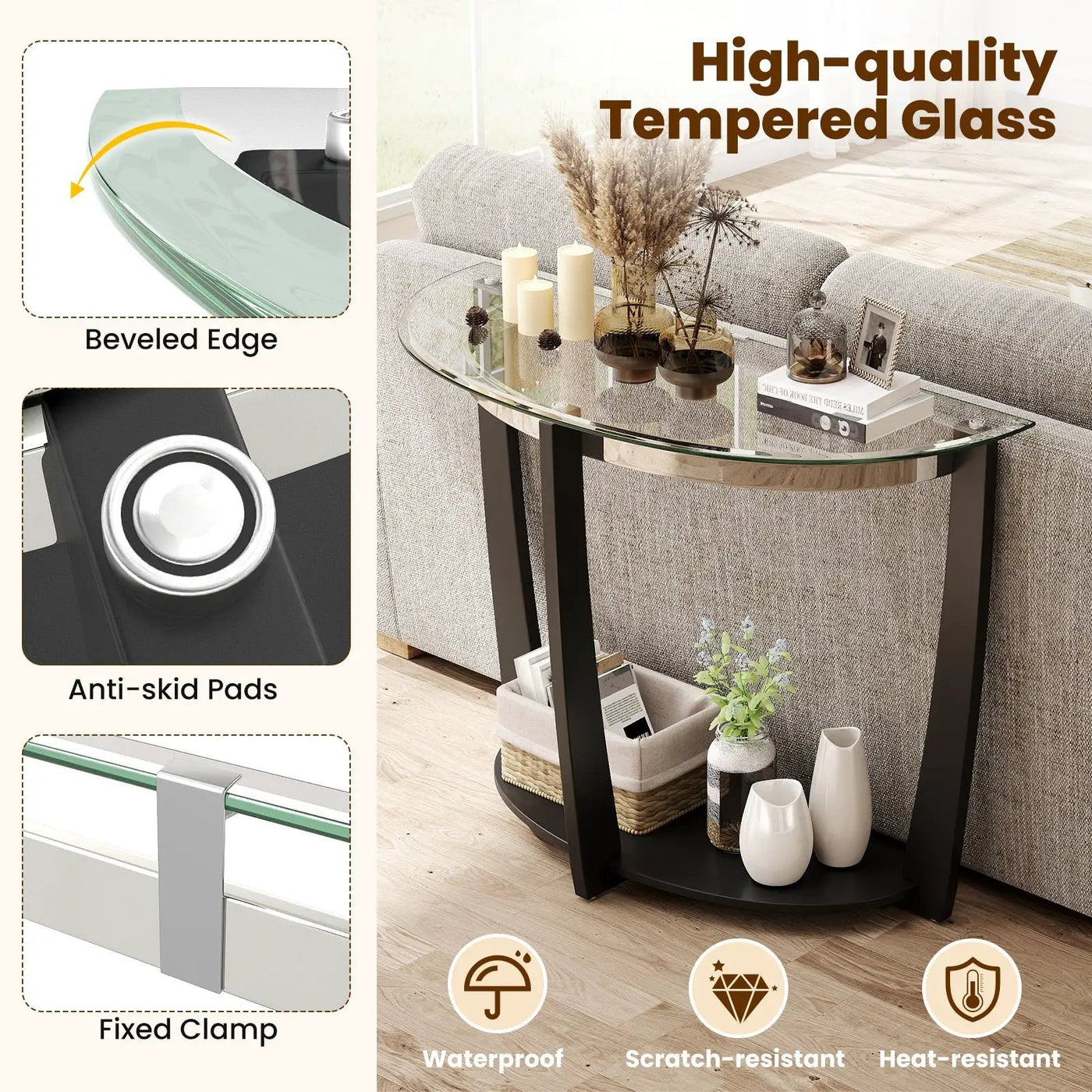 2-tier Tempered Glass Console Table with Clear Glass Top and Open Shelf by DirectDeals