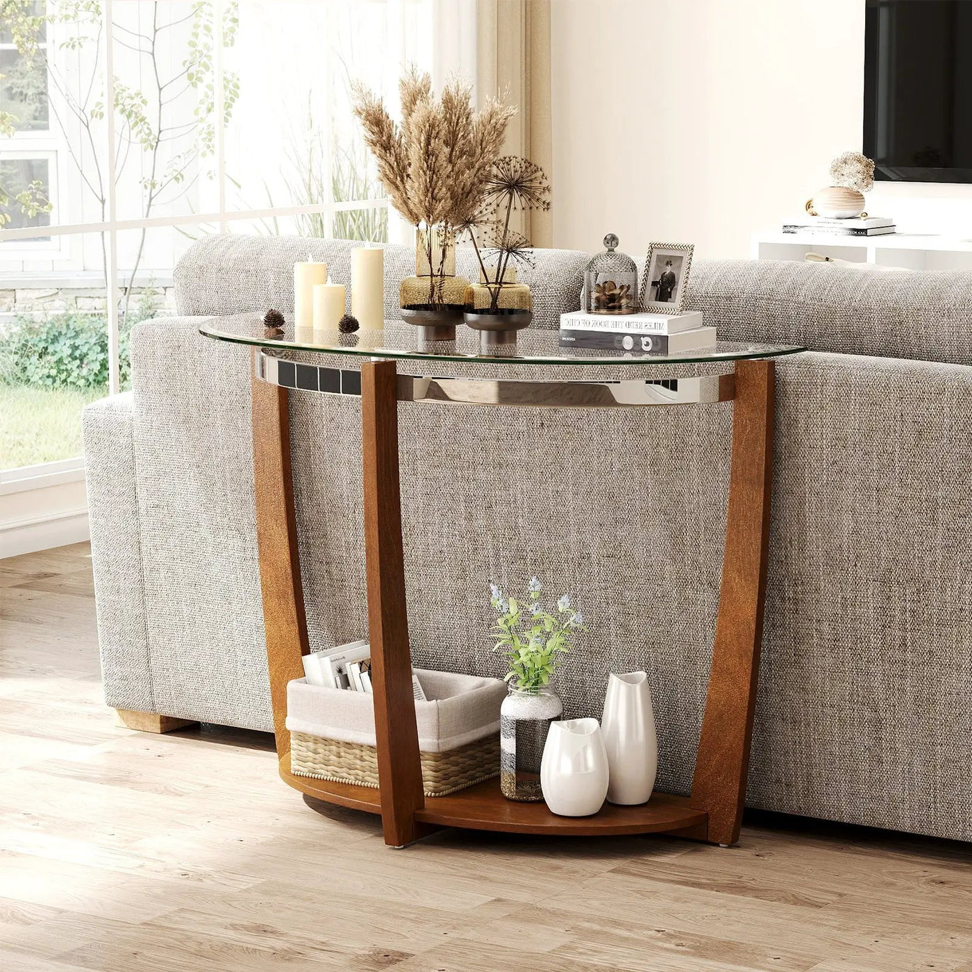 2-tier Tempered Glass Console Table with Clear Glass Top and Open Shelf by DirectDeals