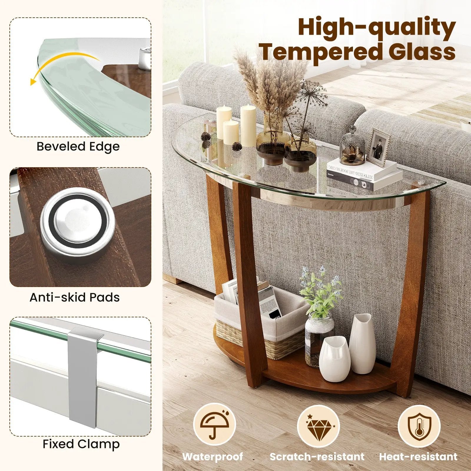2-tier Tempered Glass Console Table with Clear Glass Top and Open Shelf by DirectDeals