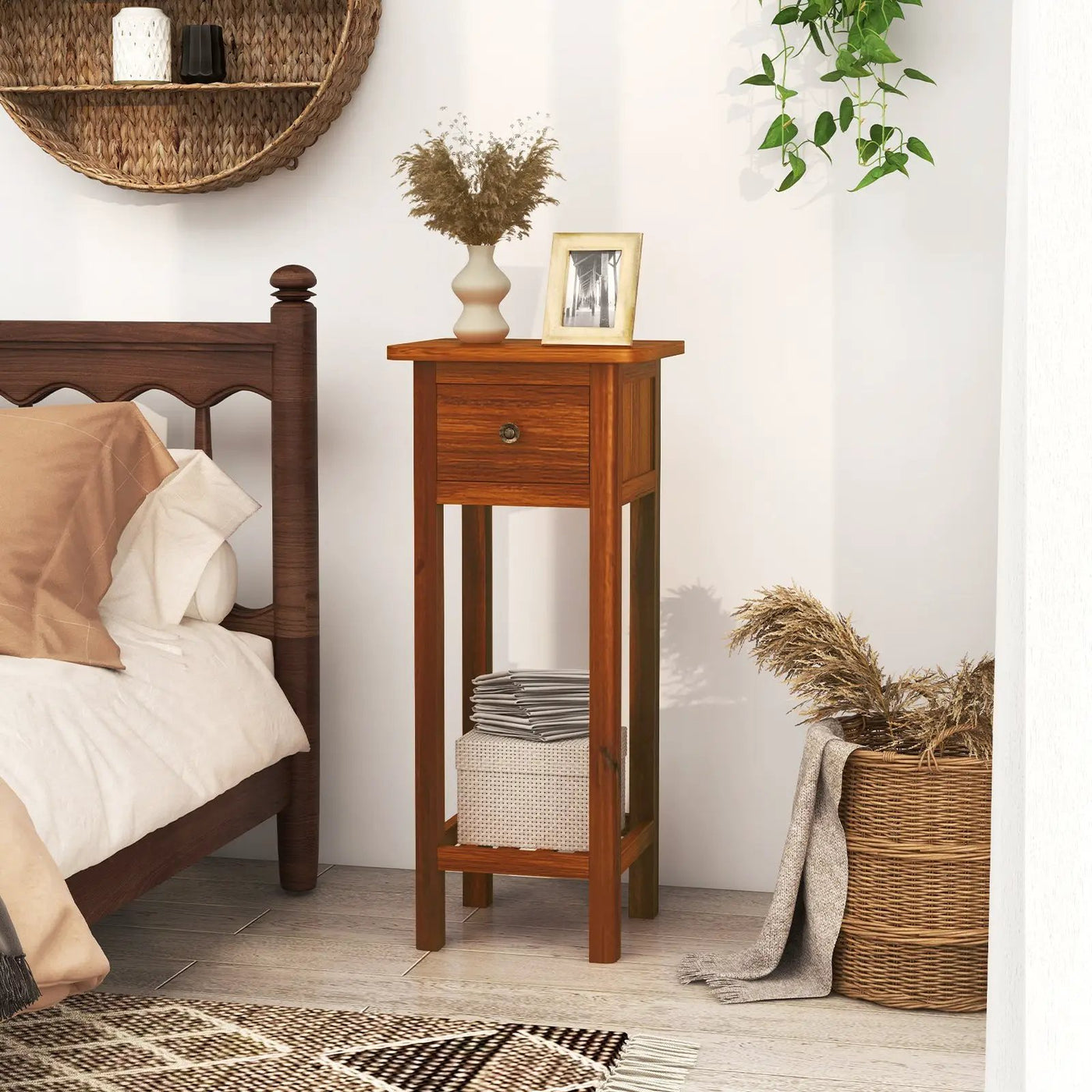 2 Tier Slim Nightstand Bedside Table with Drawer Shelf by DirectDeals
