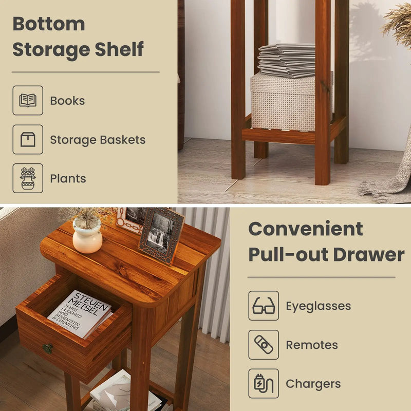2 Tier Slim Nightstand Bedside Table with Drawer Shelf by DirectDeals