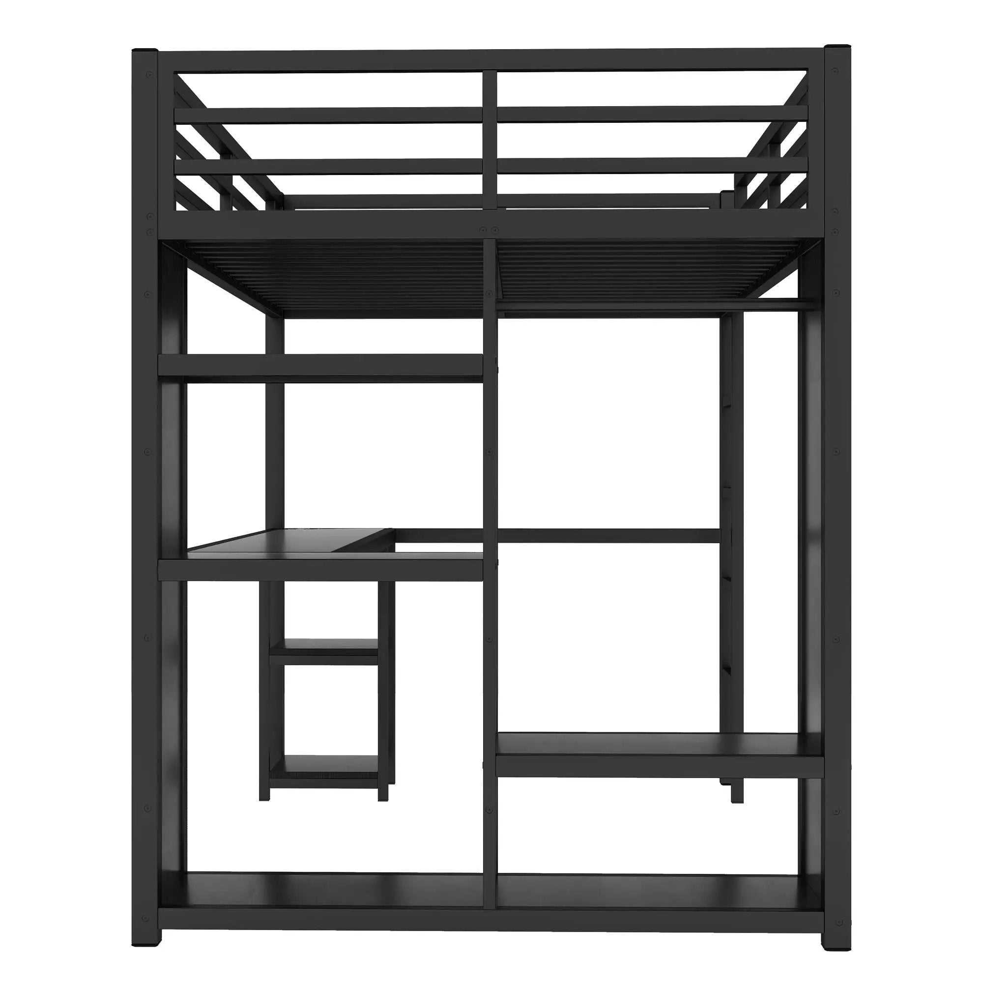Full Size Loft Bed Frame with Built-in Wardrobe, Metal Loft Bed with Desk and Storage Shelves by HouseOfZazla