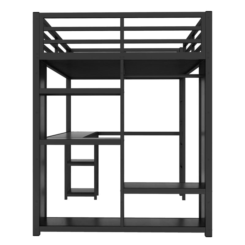 Full Size Loft Bed Frame with Built-in Wardrobe, Metal Loft Bed with Desk and Storage Shelves by HouseOfZazla