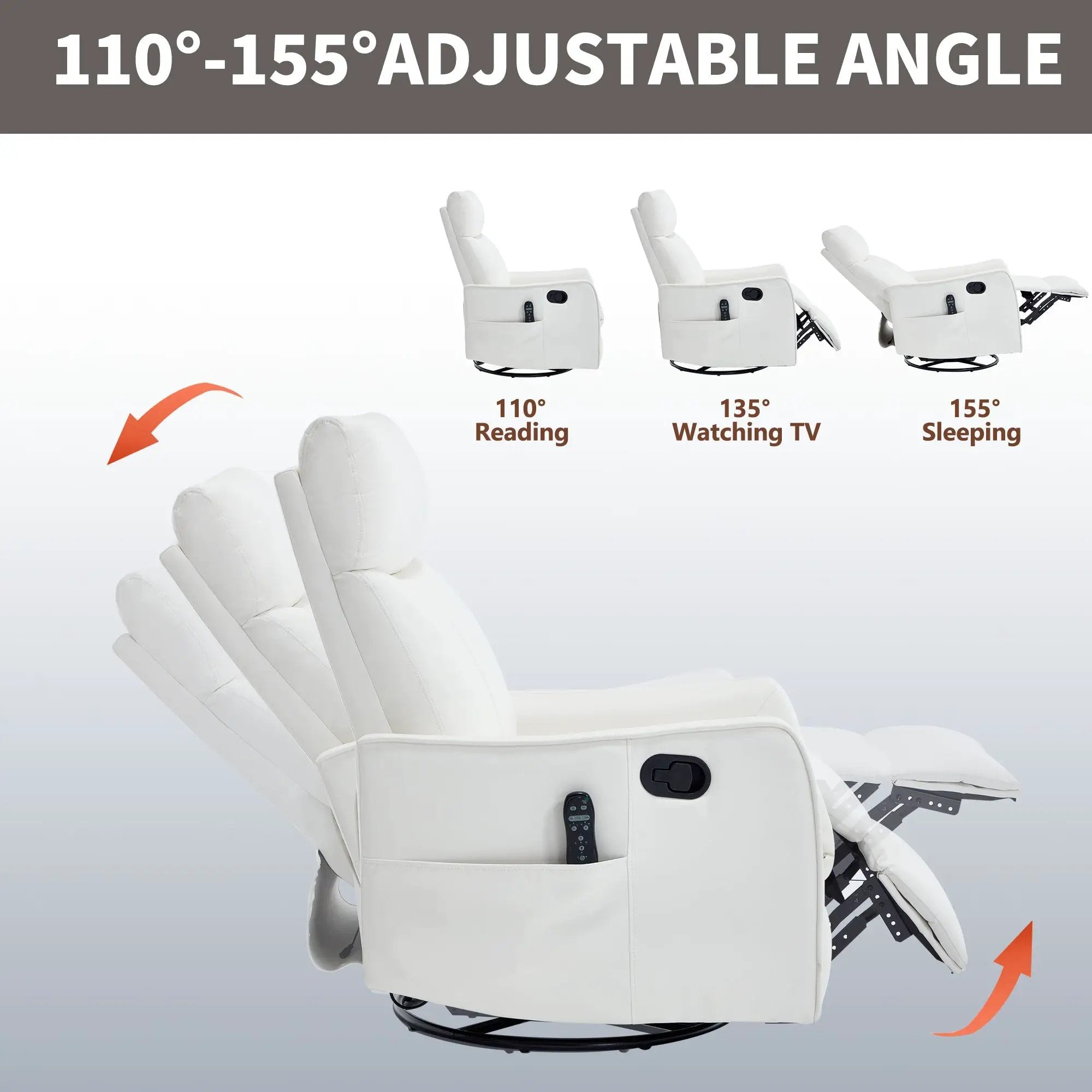 White Heat Massage Manual Recliner Chair with Rocker and Swivel in Faux Leather by HouseOfZazla