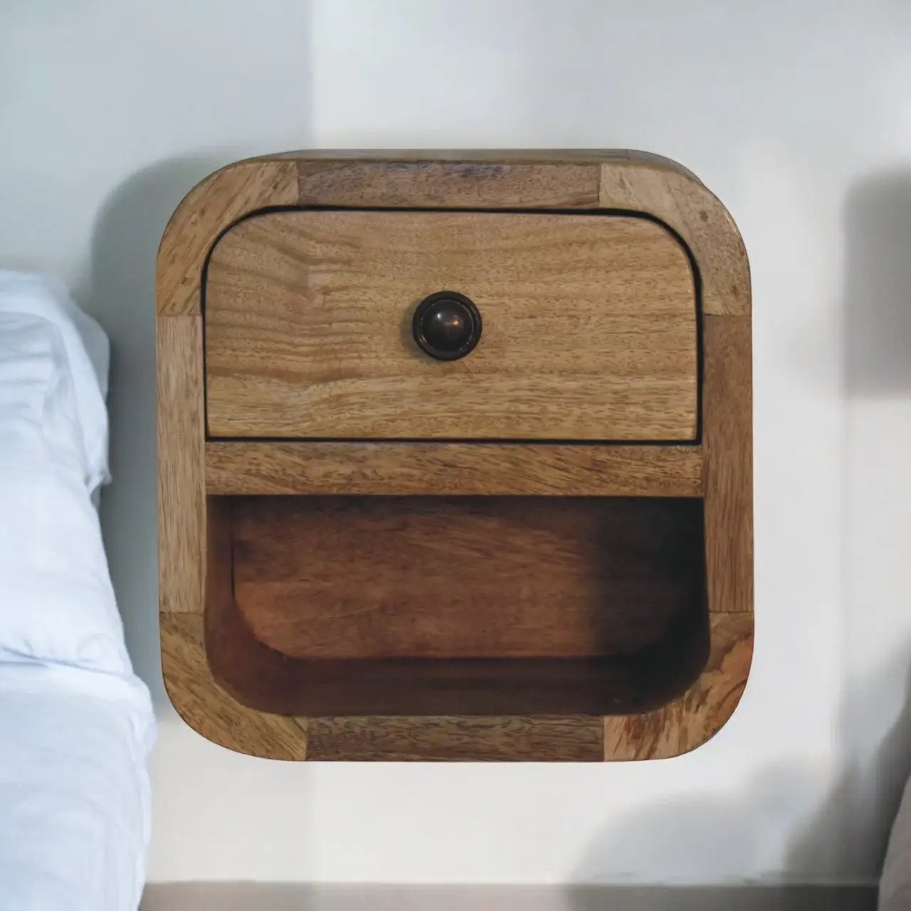 Extra Mini Curved Oak-ish Bedside with Open Slot, 1-Drawer by HouseOfZazla