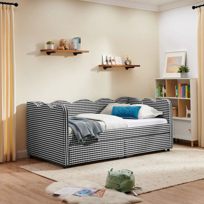 Gingham Daybed With USB Charging Port, Wave-Shaped Design by Unique Piece Furniture
