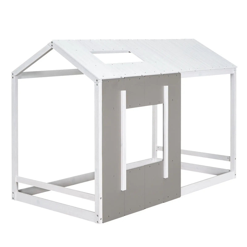 Twin Size House Platform Bed With Roof And Window - Natural / White by HouseOfZazla