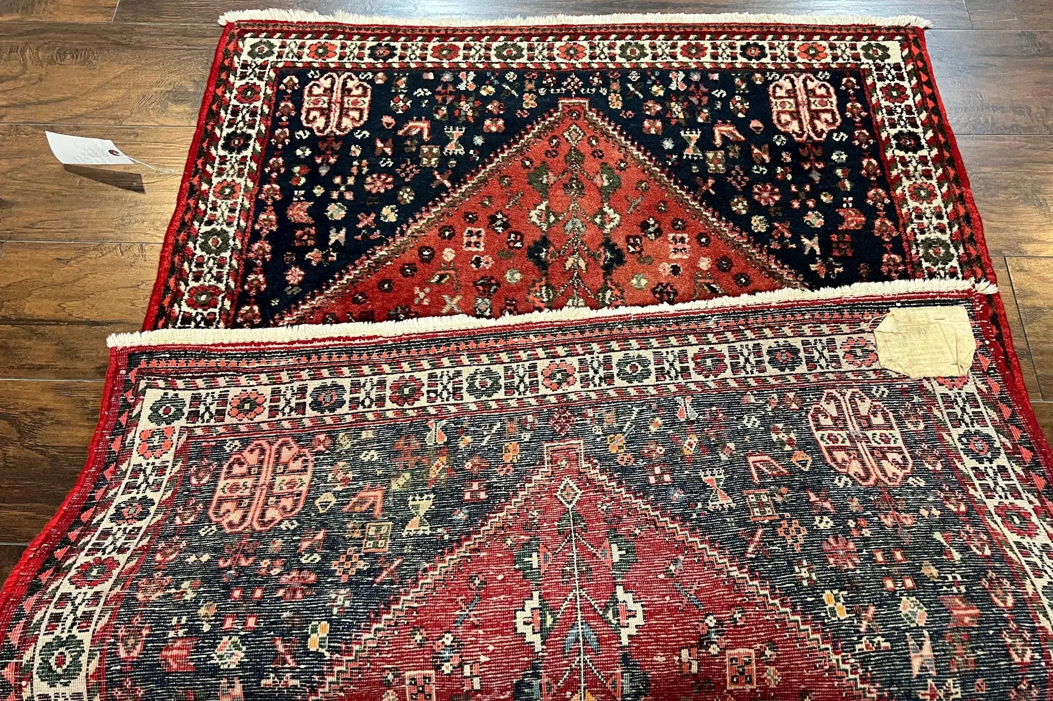 Persian Tribal Rug 3.6 x 5 ft, Persian Abadeh Rug, Geometric Medallion Bird Motifs, Red and Navy Blue Hand Knotted Handmade Wool Vintage Oriental Carpet by Jewel Rugs