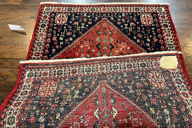 Persian Tribal Rug 3.6 x 5 ft, Persian Abadeh Rug, Geometric Medallion Bird Motifs, Red and Navy Blue Hand Knotted Handmade Wool Vintage Oriental Carpet by Jewel Rugs