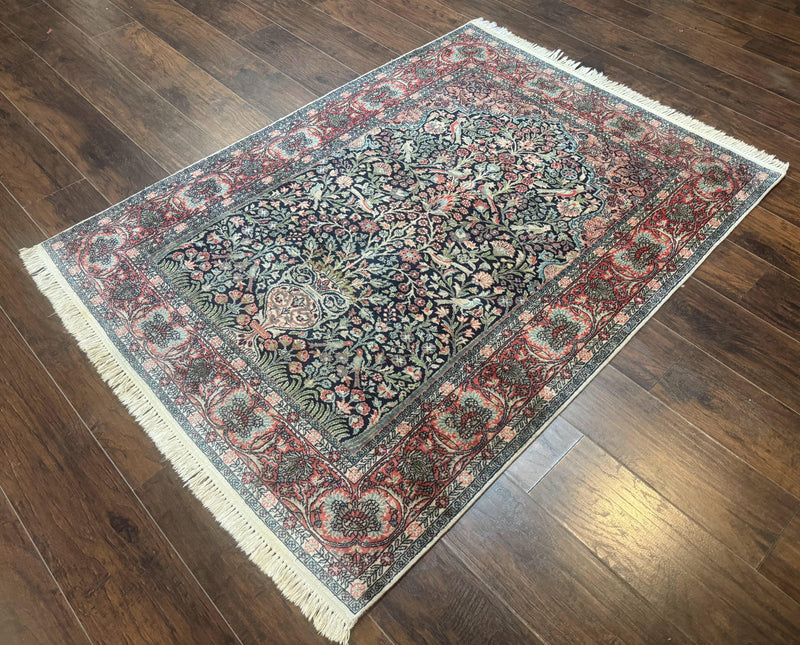 Silk Indian Kashmiri Rug 4x6, Tree of Life Pattern, Birds, Fine 290 KPSI, Navy Blue and Red, Handmade Oriental Carpet by Jewel Rugs