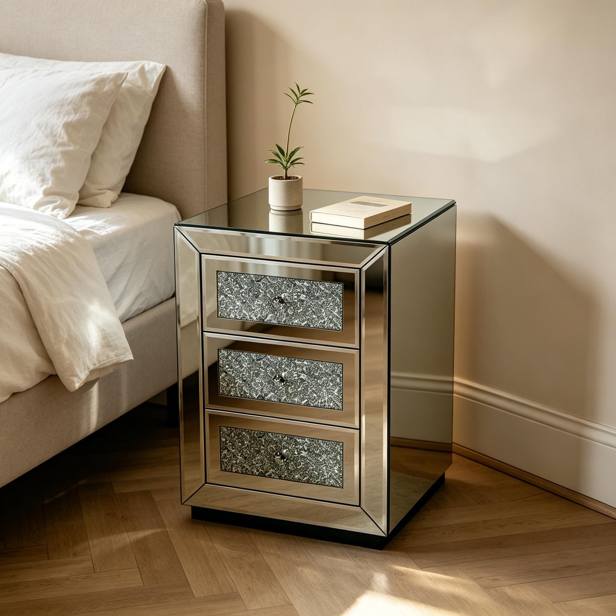 3 Drawer Nightstand With Glass Accents, Bedside Table For Bedroom - Silver by HouseOfZazla