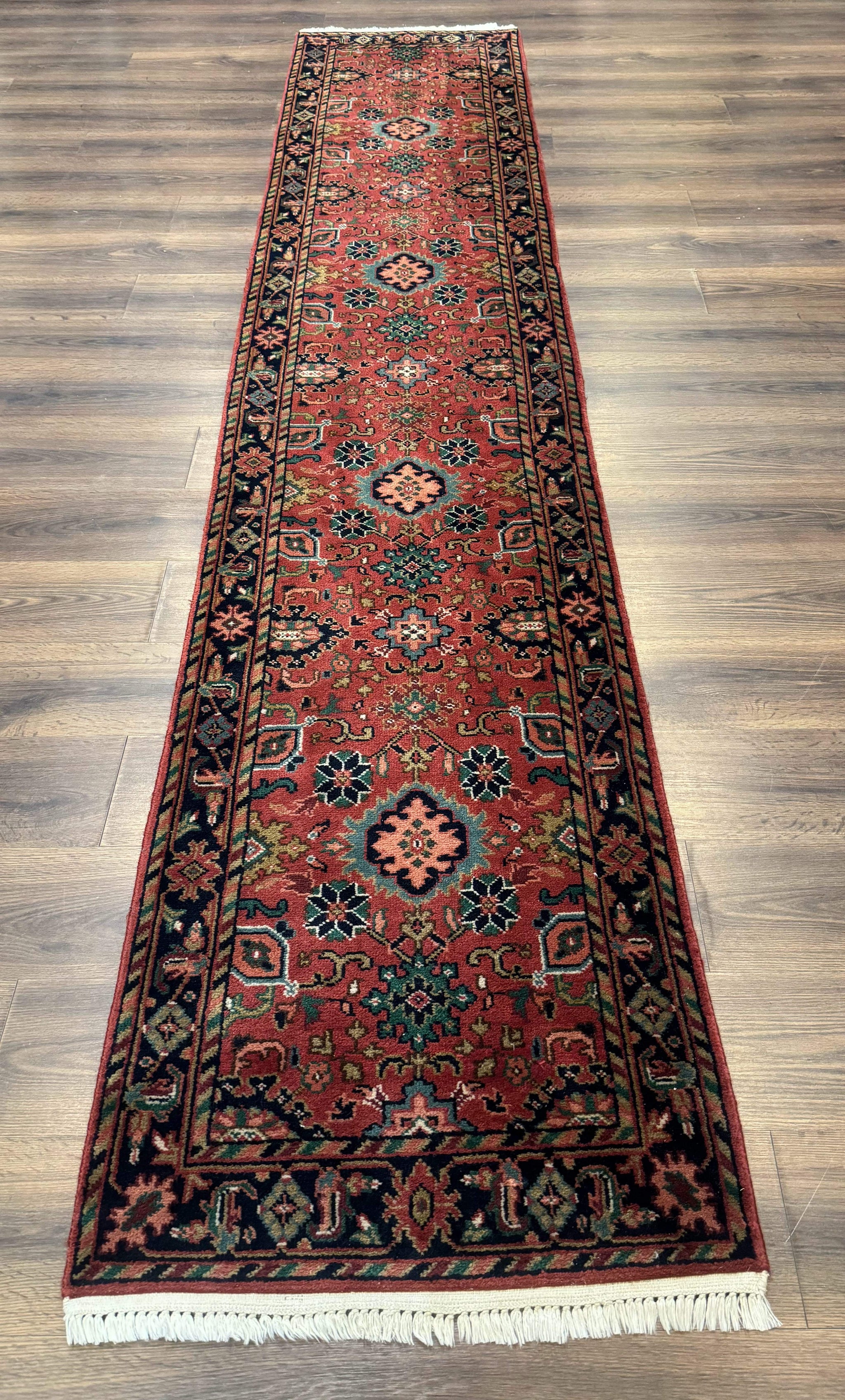 Indo Persian Heriz Runner Rug 2 x 12 ft, Hand Knotted Wool Hallway Rug, Red & Black by Jewel Rugs